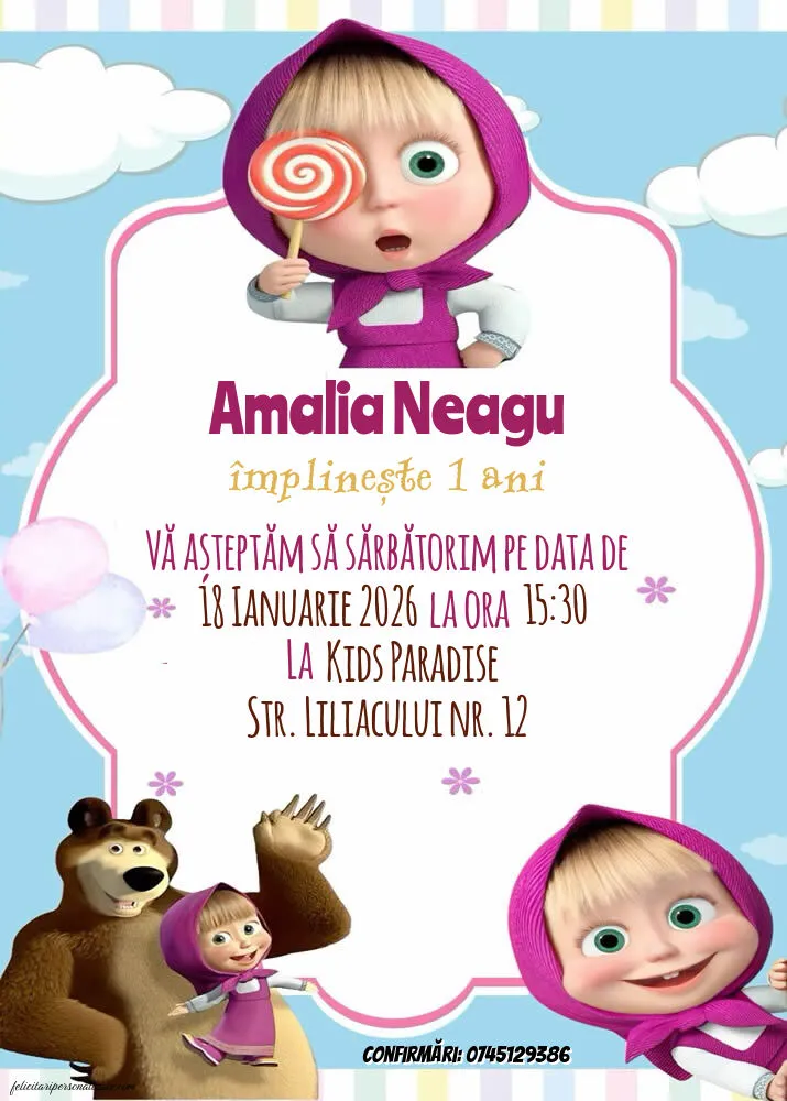 Exemplu completat: Invitație cu Masha și ursul
