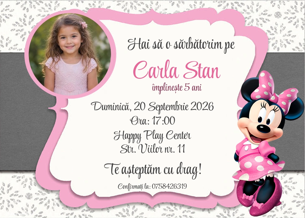 Exemplu completat: Invitație cu Minnie Mouse