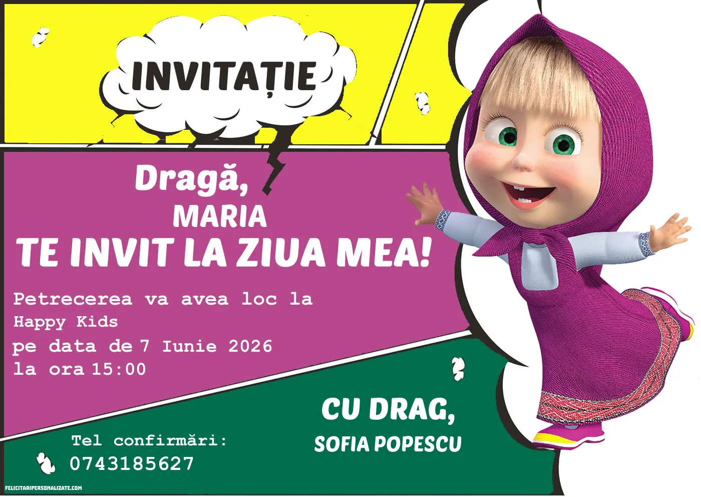 Exemplu completat: Invitație cu Masha și ursul