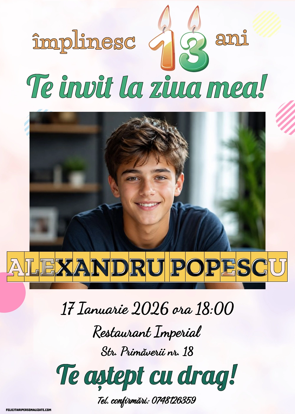 Exemplu completat: Invitație pentru 13 ani