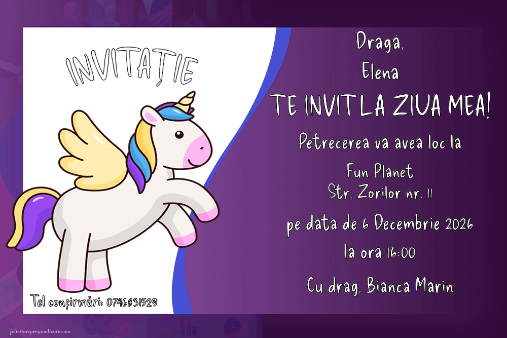 Exemplu completat: Invitație cu unicorn