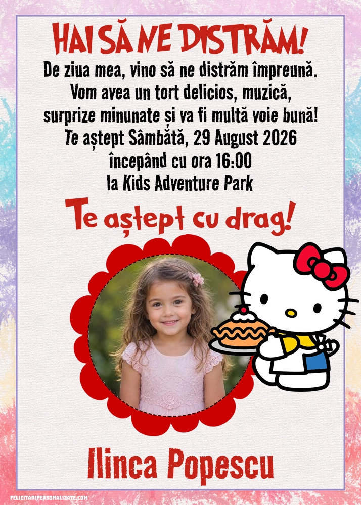 Exemplu completat: Invitație cu Hello Kitty