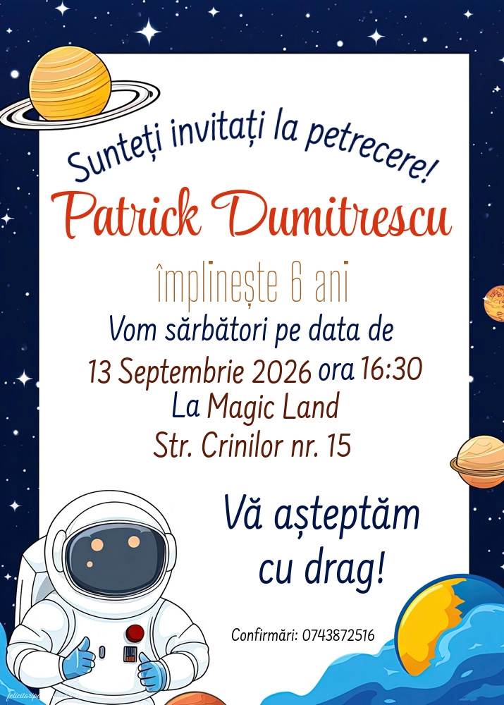 Exemplu completat: Invitație cu tema Cosmos