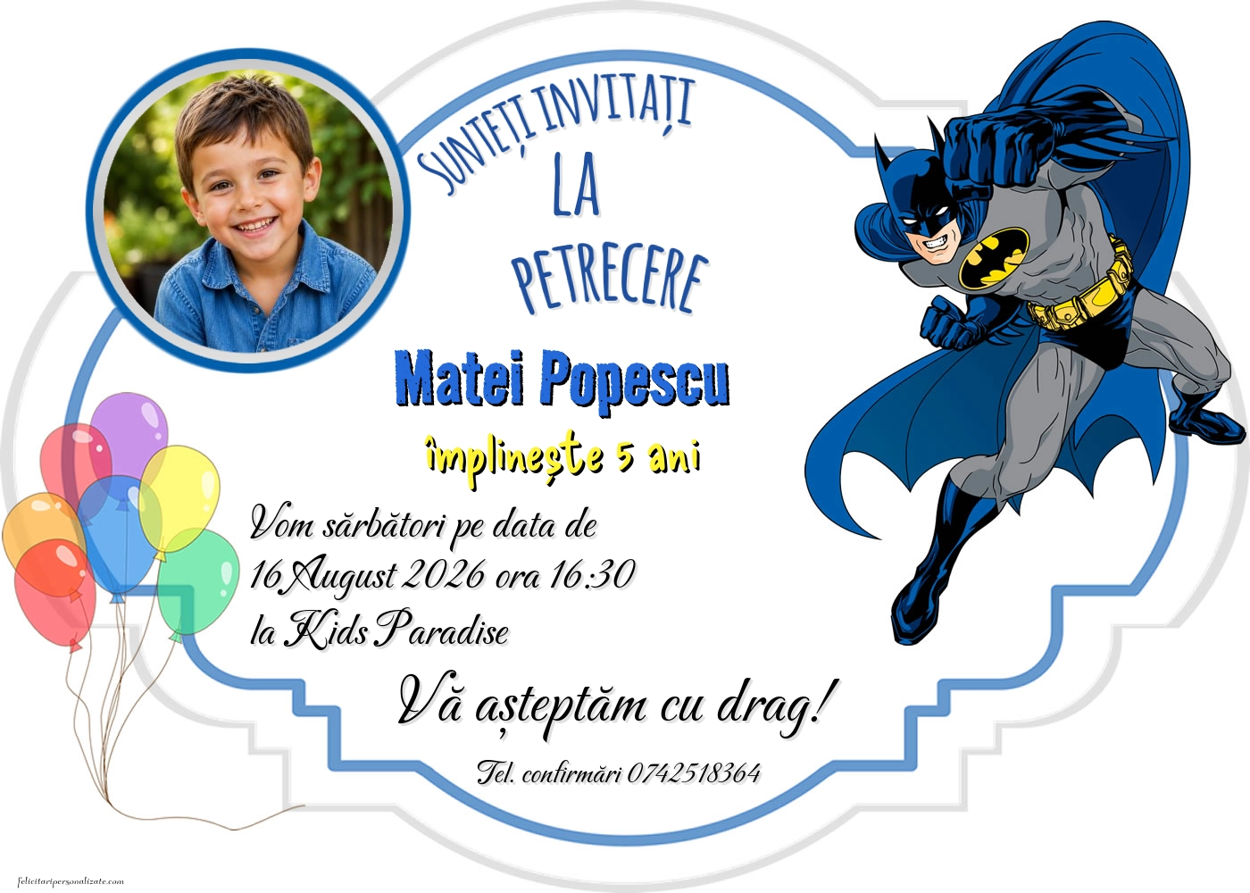 Exemplu completat: Invitație cu Batman