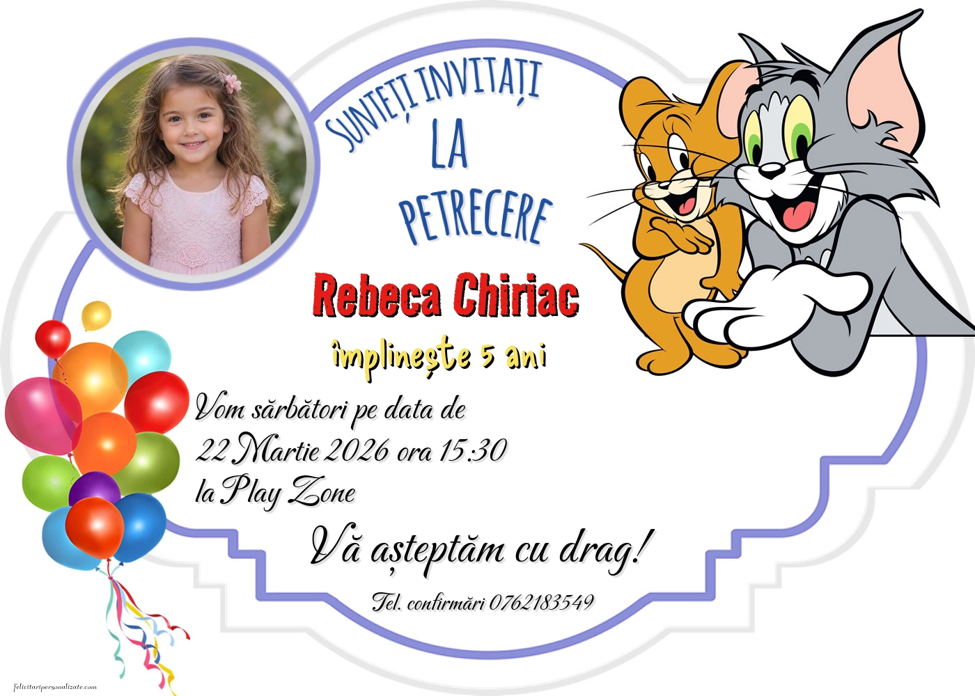 Exemplu completat: Invitație cu Tom și Jerry