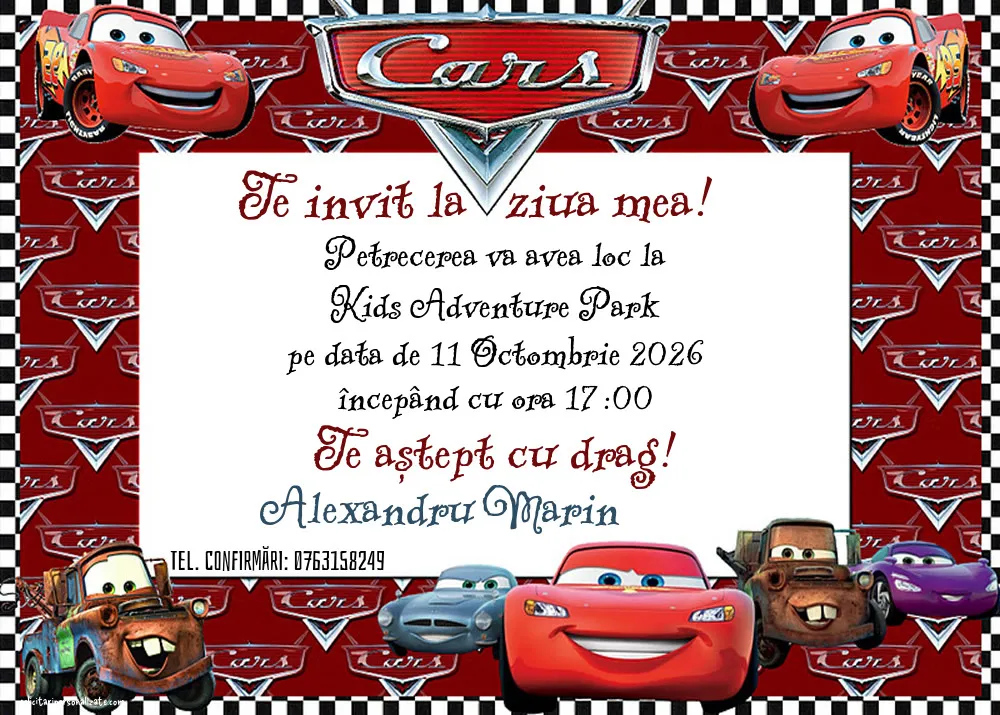 Exemplu completat: Invitație cu Cars