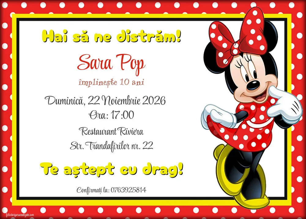 Exemplu completat: Invitație cu Minnie Mouse
