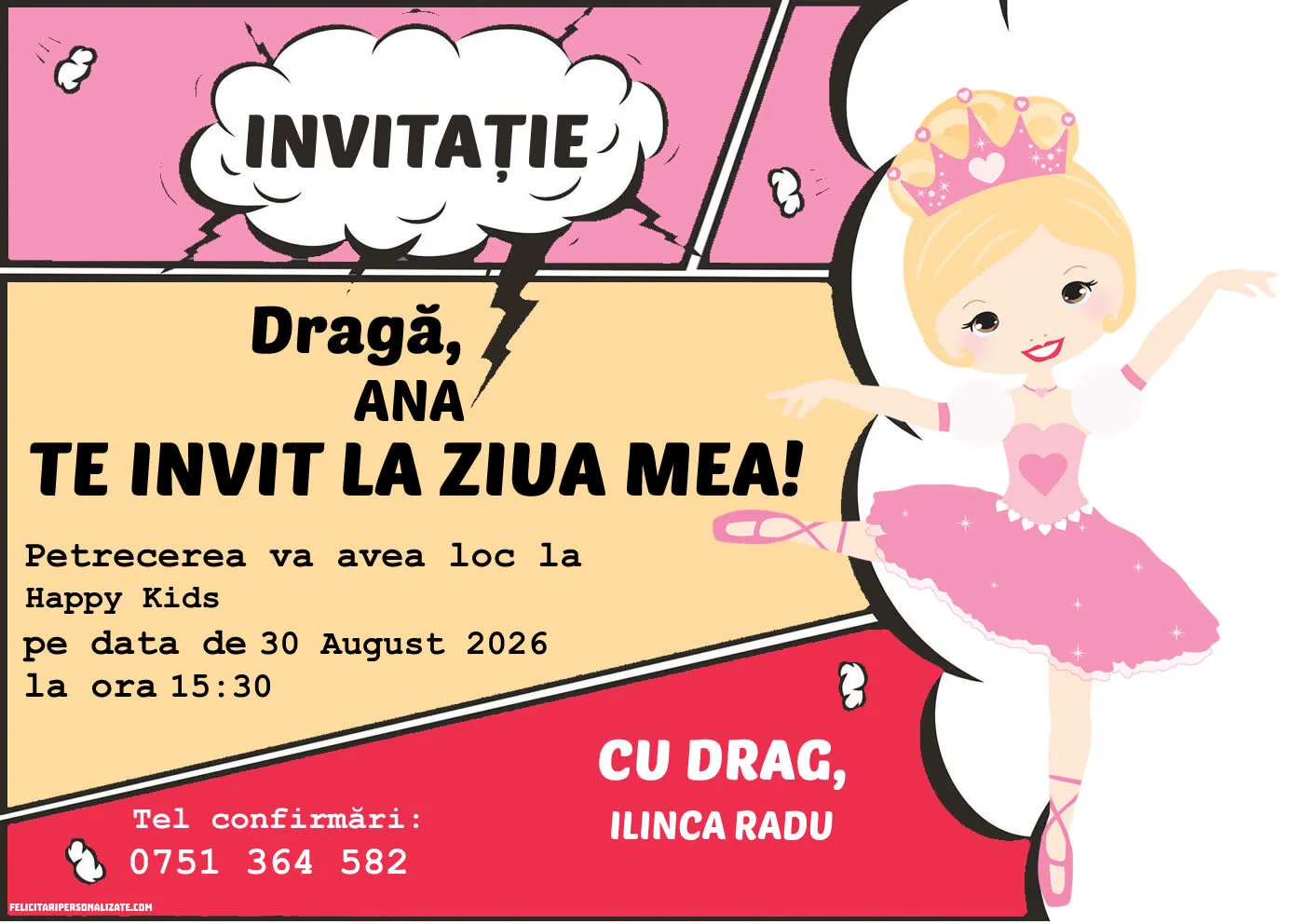 Exemplu completat: Invitație cu balerină