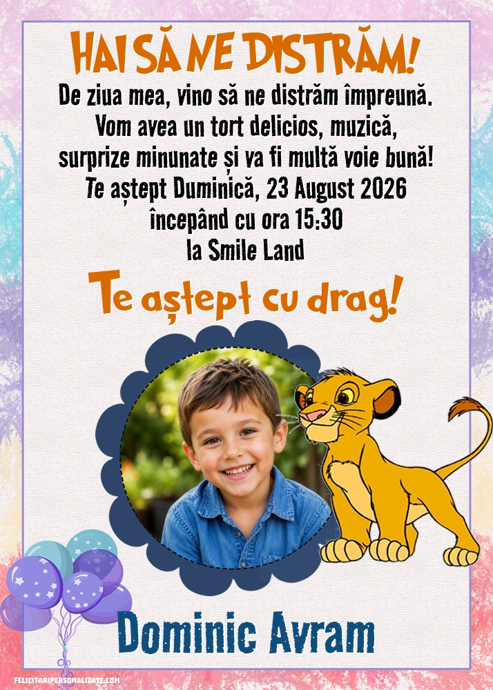 Exemplu completat: Invitație cu Simba