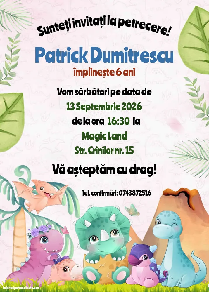 Exemplu completat: Invitație cu dinozaur