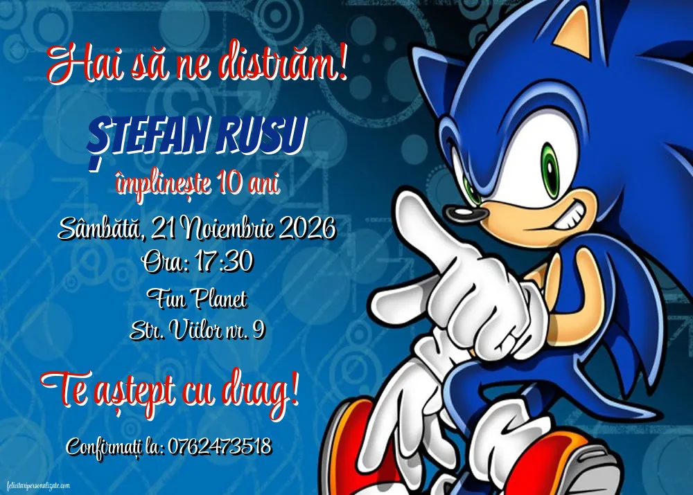 Exemplu completat: Invitație cu Ariciul Sonic