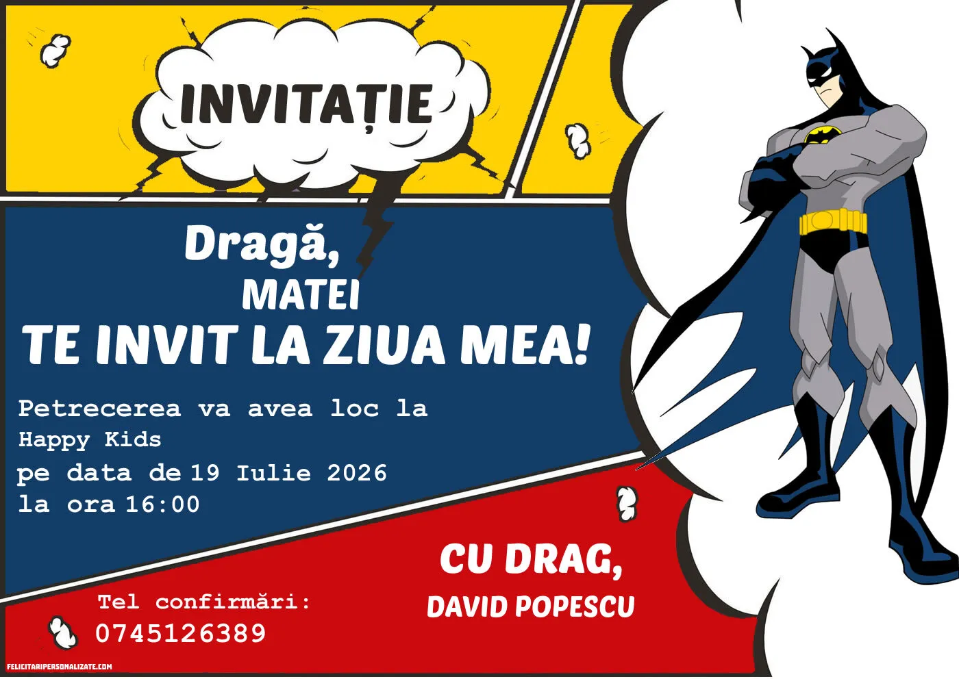 Exemplu completat: Invitație cu Batman