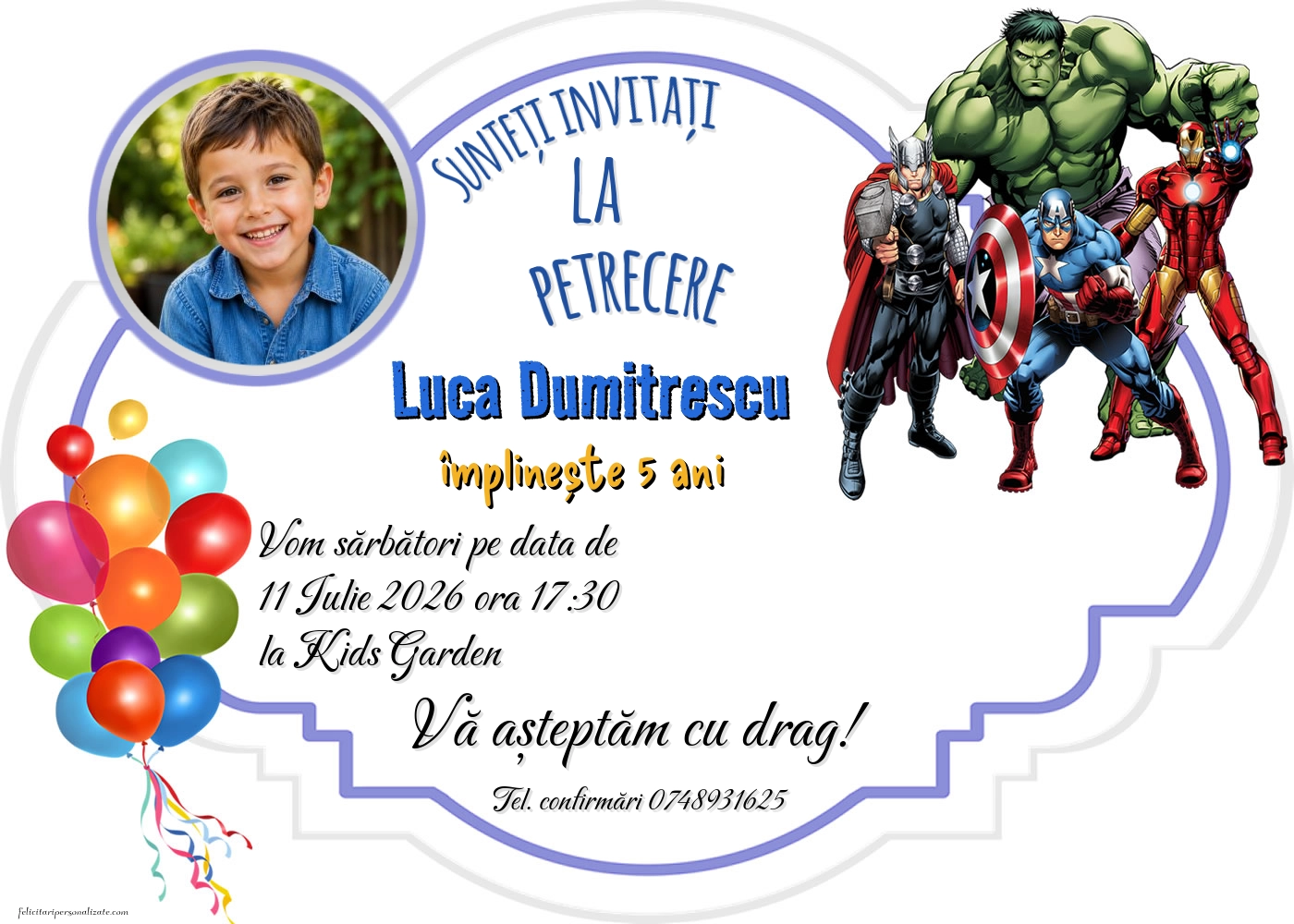 Exemplu completat: Invitație cu Avengers