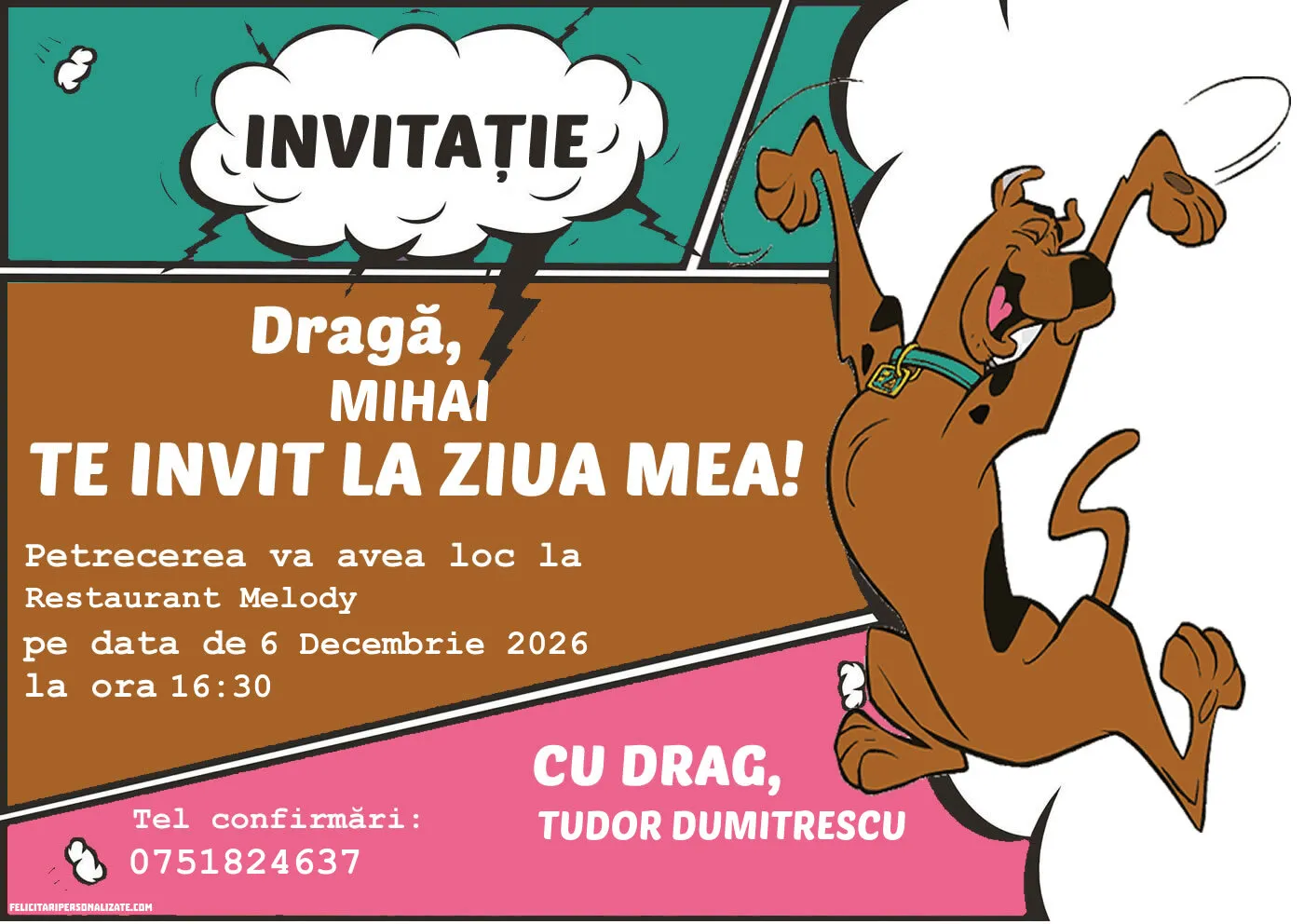 Exemplu completat: Invitație cu Scooby Doo
