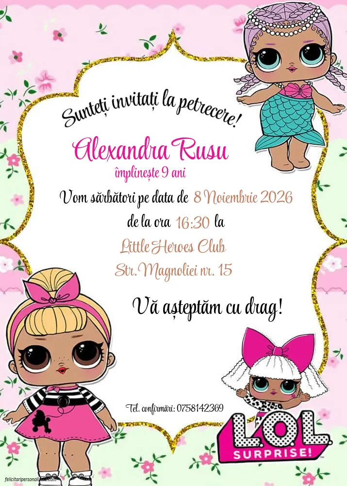Exemplu completat: Invitație cu LOL Surprise