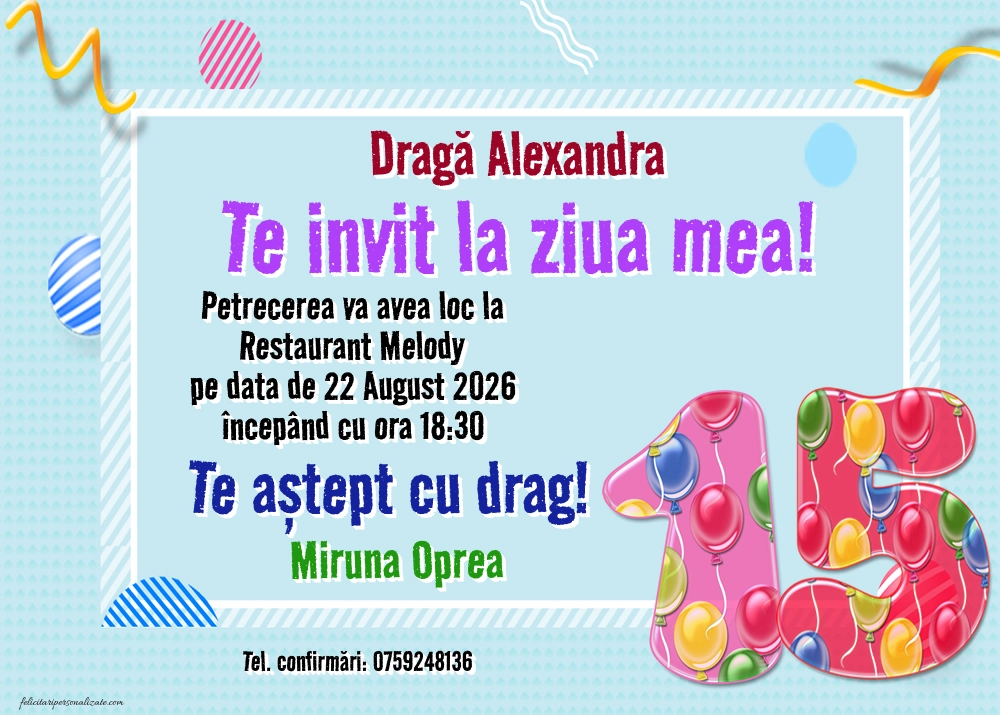 Exemplu completat: Invitație pentru 15 ani