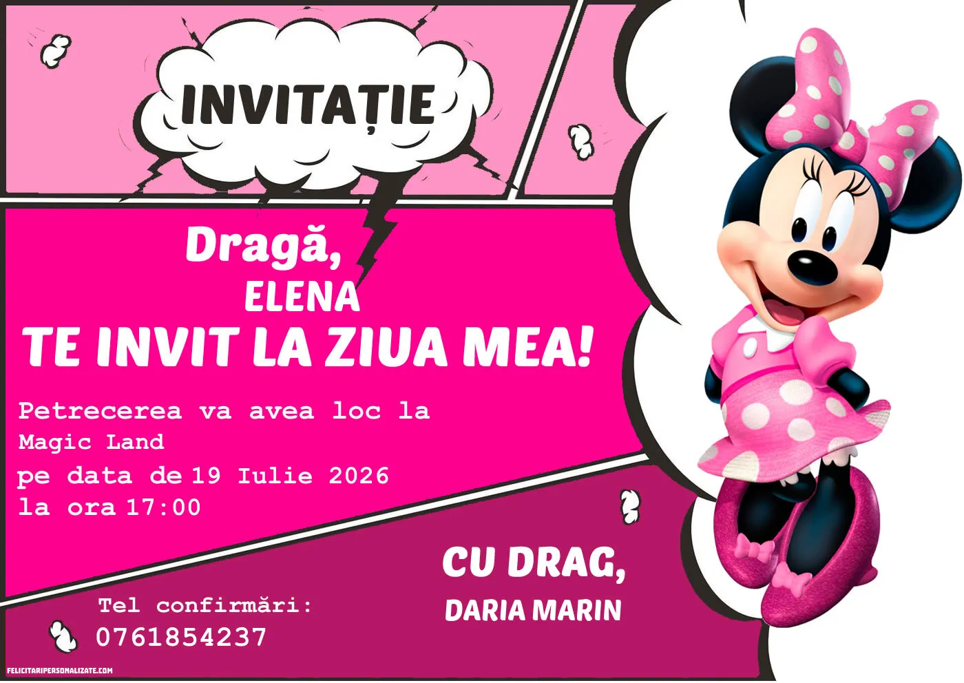 Exemplu completat: Invitație cu Minnie Mouse