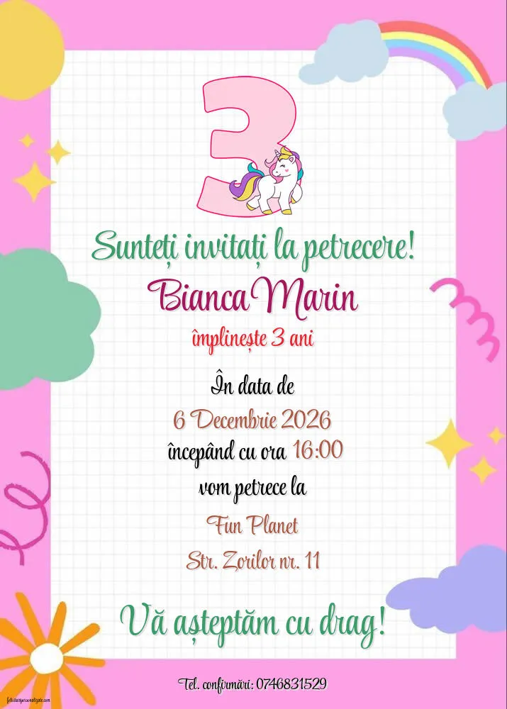 Exemplu completat: Invitație cu tema curcubeu