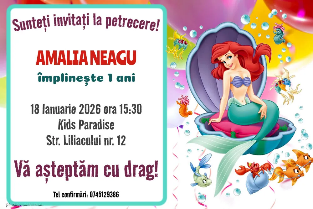 Exemplu completat: Invitație cu Ariel