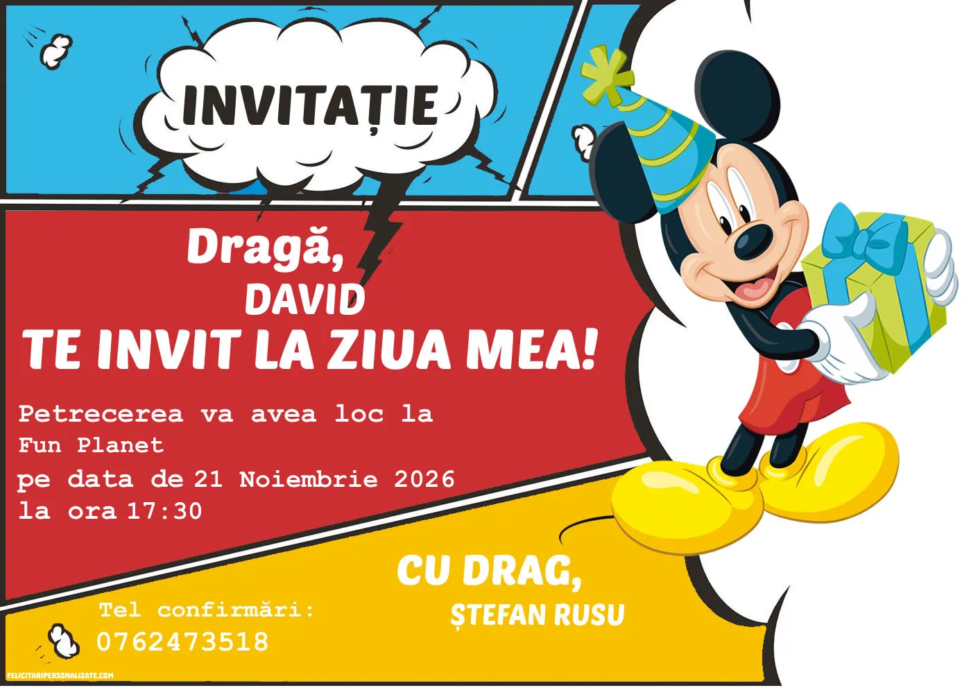 Exemplu completat: Invitație cu Mickey Mouse
