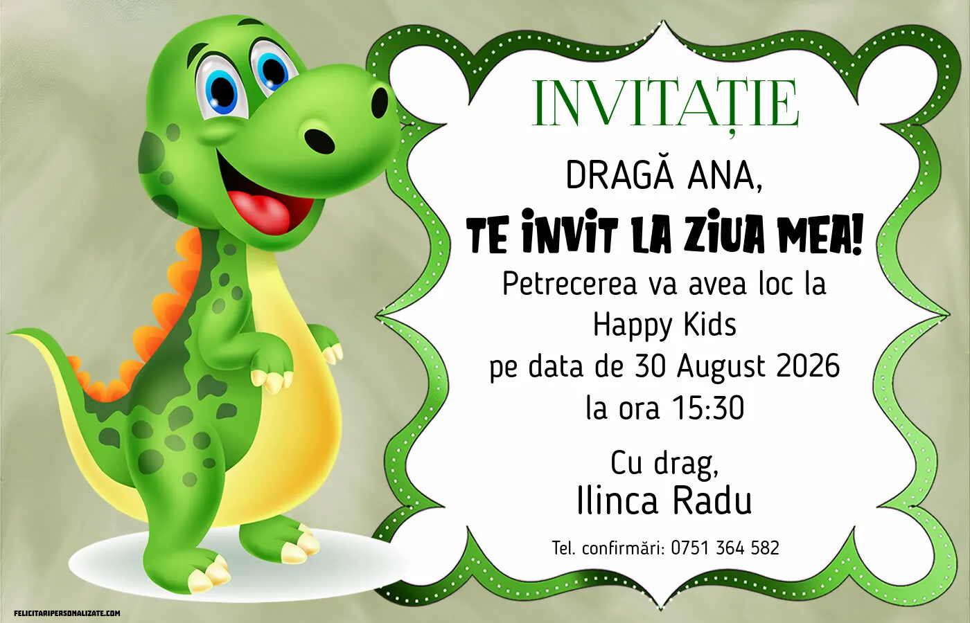 Exemplu completat: Invitație cu dinozaur