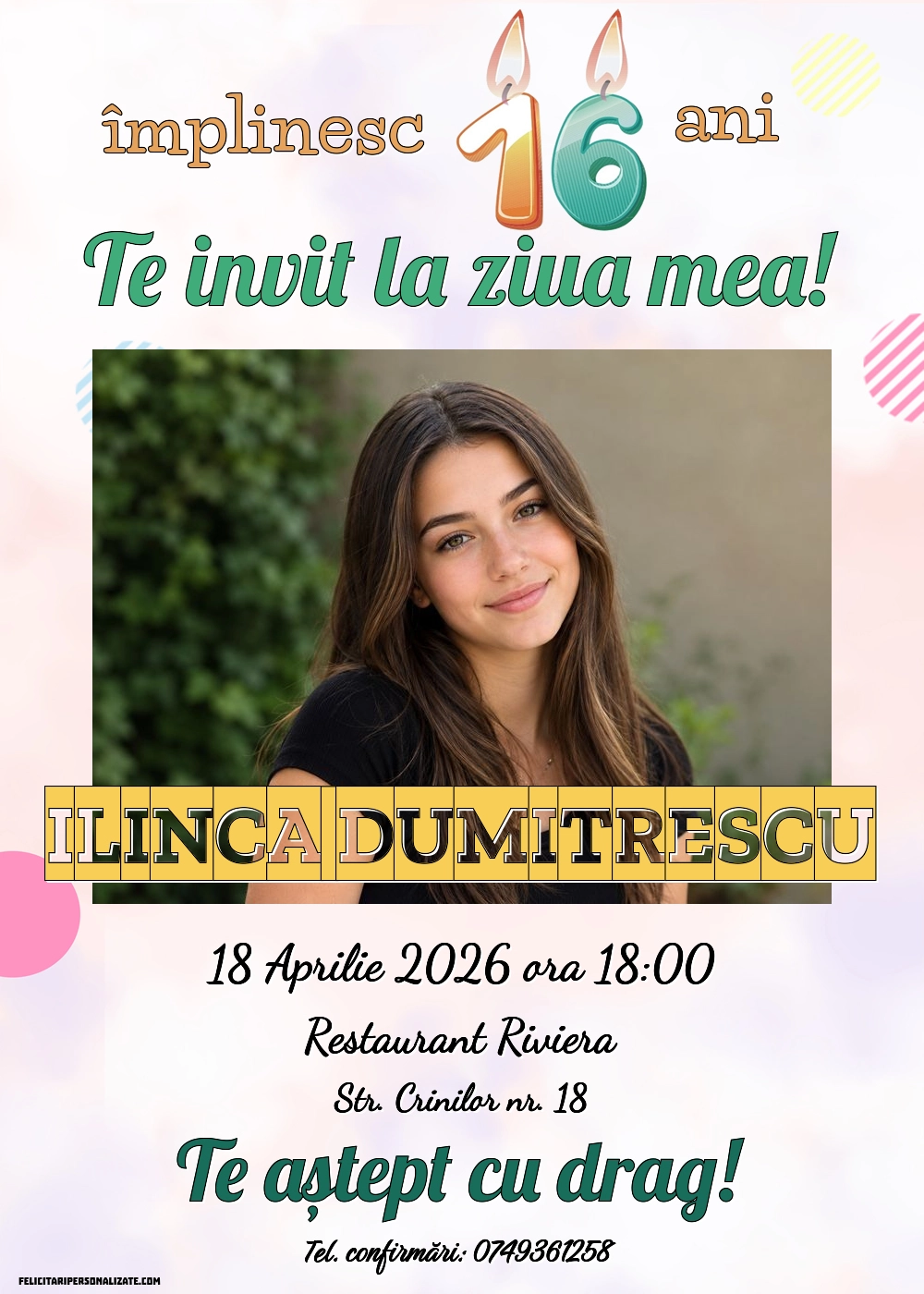 Exemplu completat: Invitație pentru 16 ani