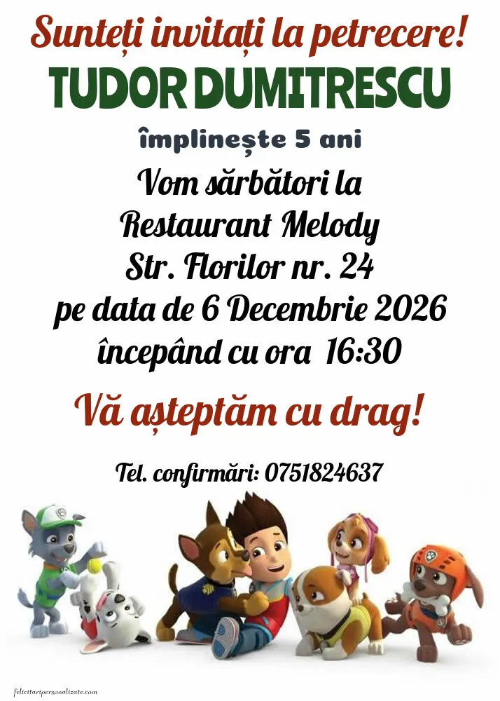 Exemplu completat: Invitație cu Patrula catelusilor