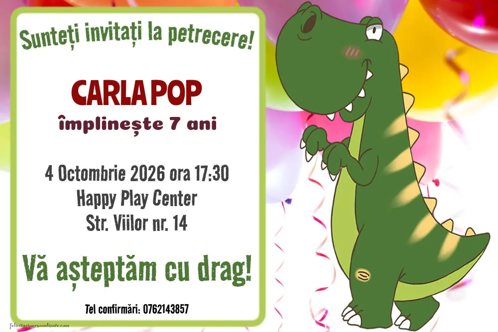 Exemplu completat: Invitație cu dinozaur