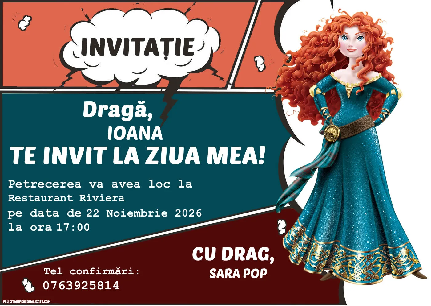 Exemplu completat: Invitație cu Merida