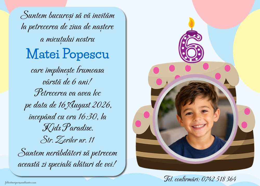 Exemplu completat: Invitație pentru 6 ani
