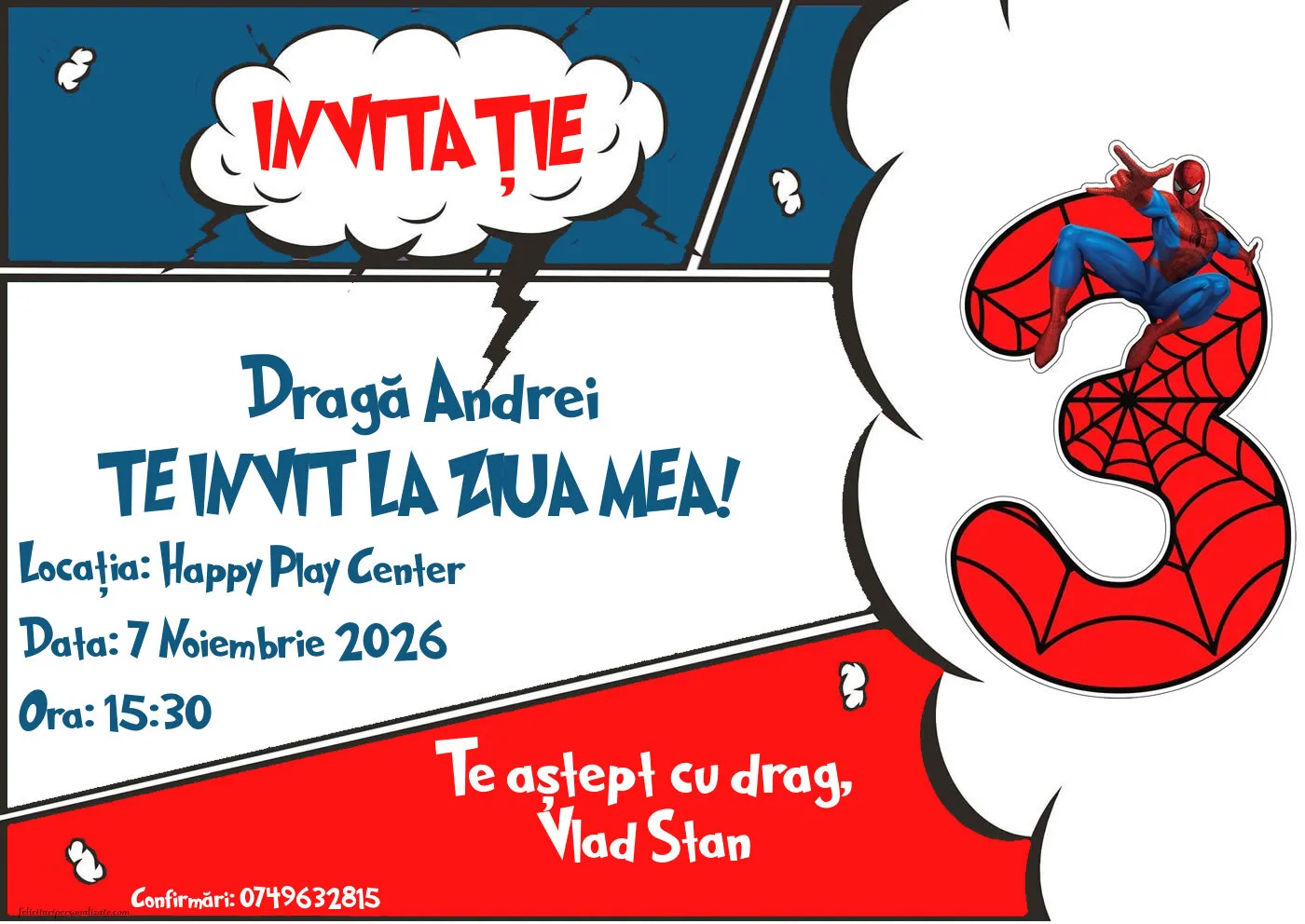 Exemplu completat: Invitație cu Spiderman