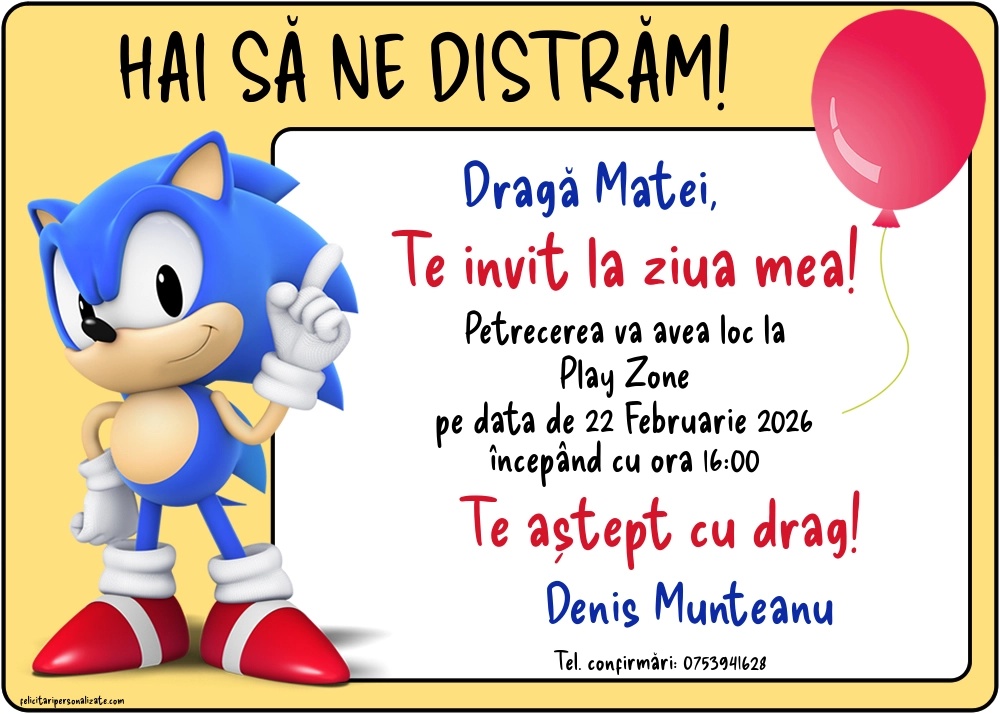 Exemplu completat: Invitație cu Ariciul Sonic