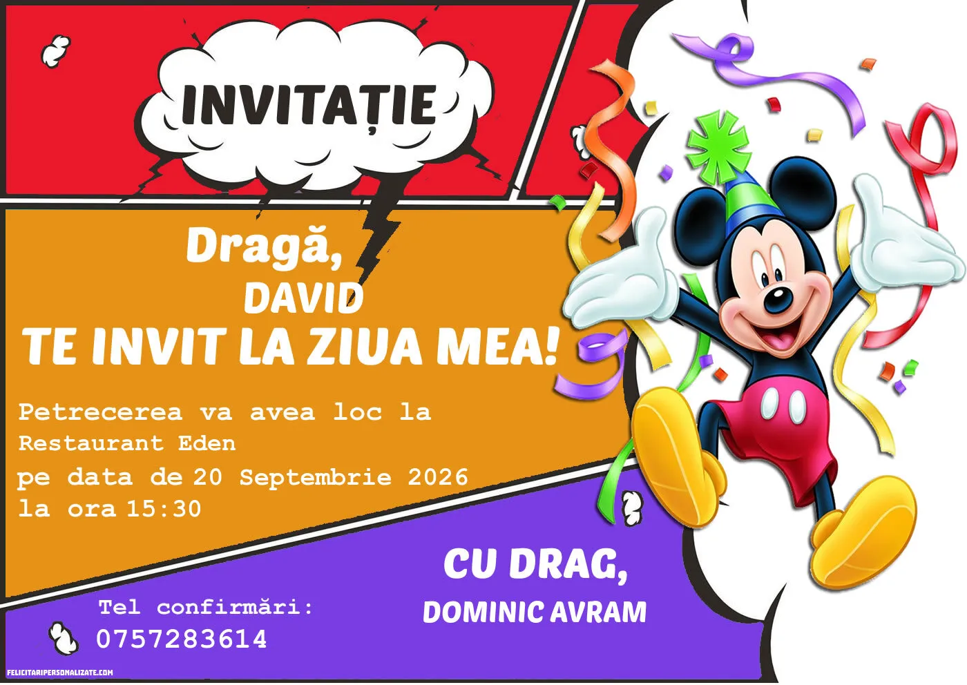 Exemplu completat: Invitație cu Mickey Mouse