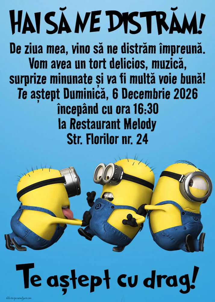 Exemplu completat: Invitație cu Minioni
