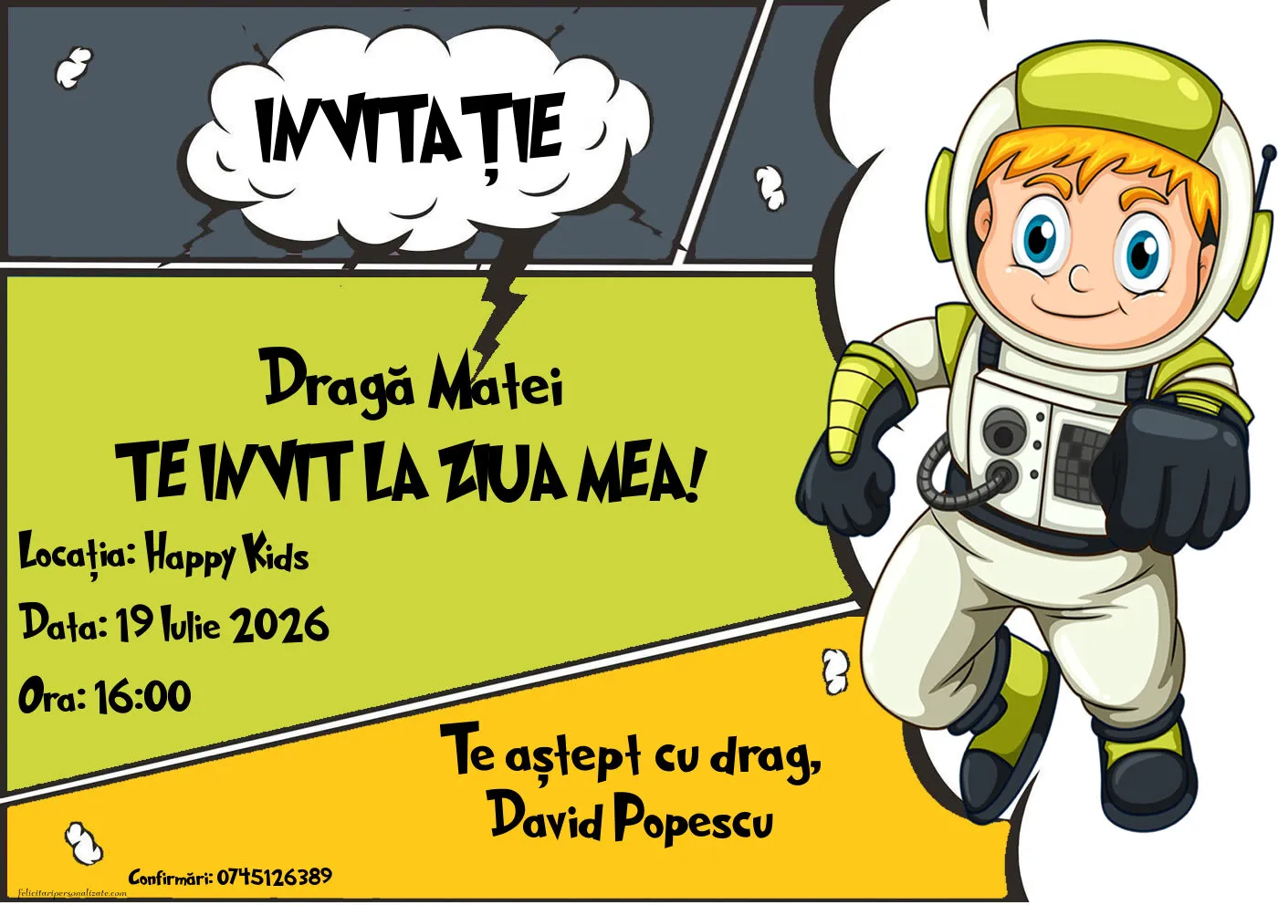 Exemplu completat: Invitație cu tema Cosmos