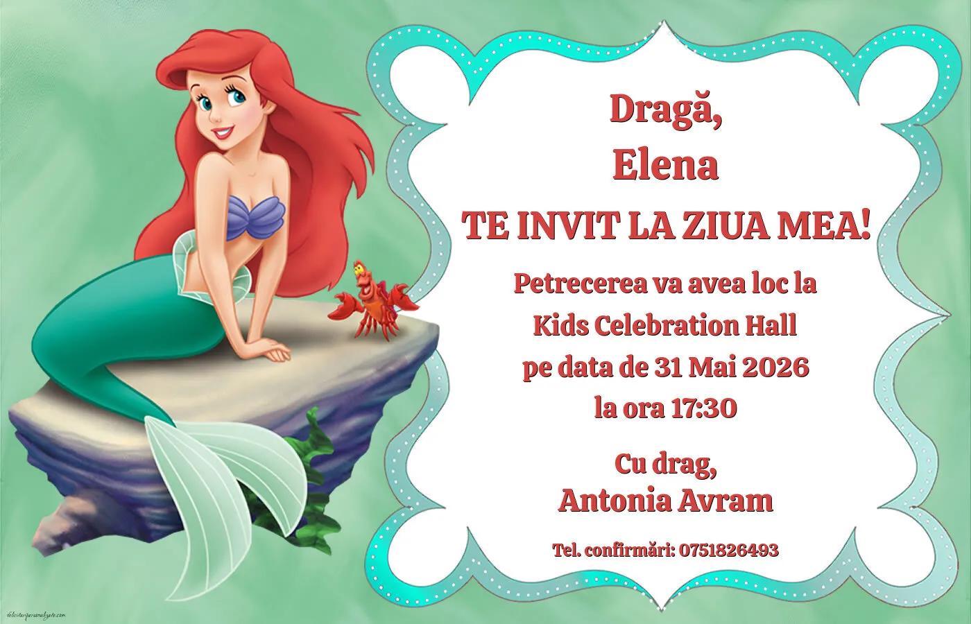 Exemplu completat: Invitație cu Ariel