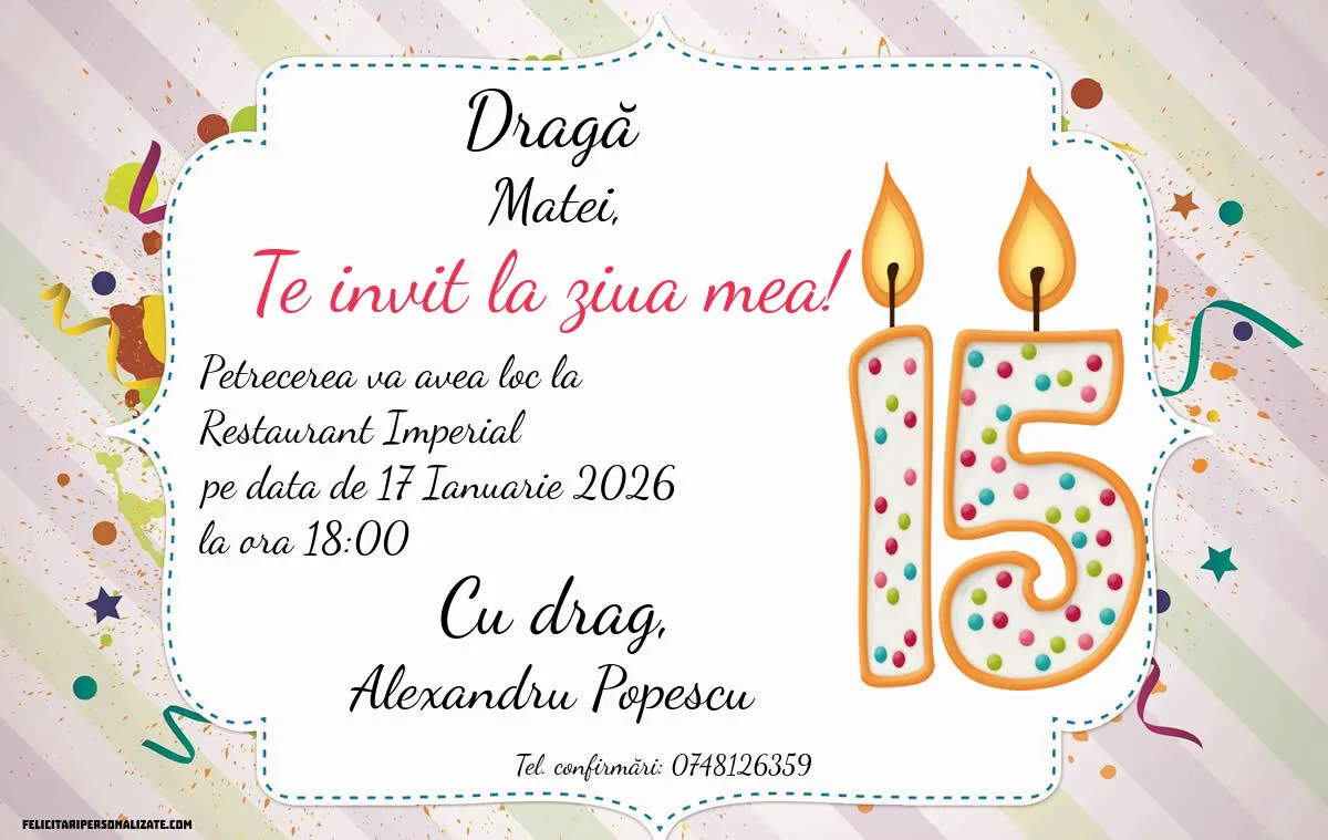 Exemplu completat: Invitație pentru 15 ani