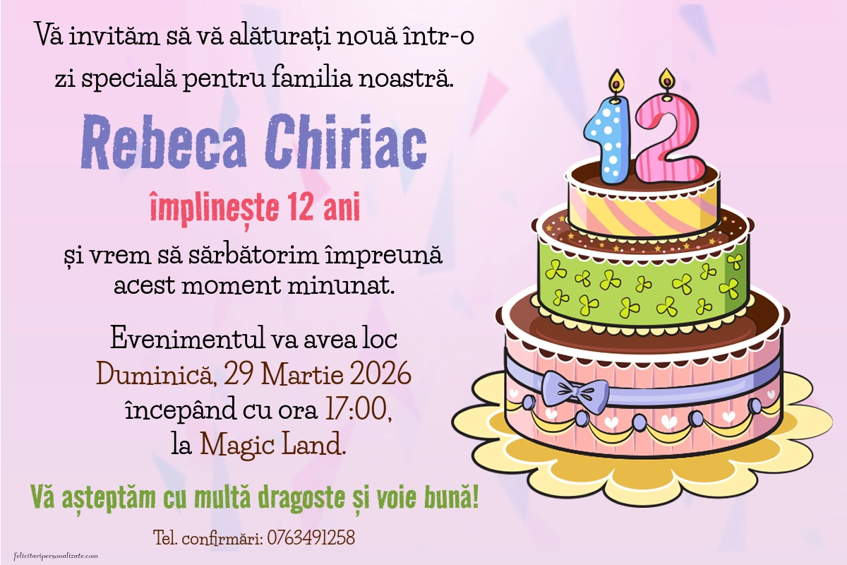 Exemplu completat: Invitație pentru 12 ani