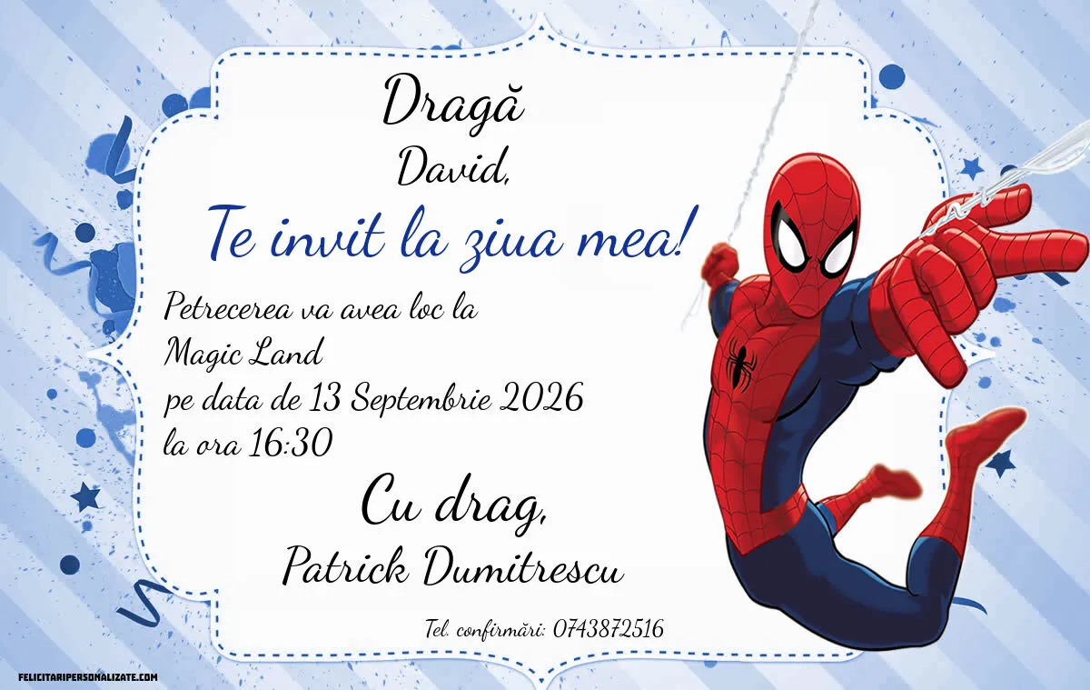 Exemplu completat: Invitație cu Spiderman