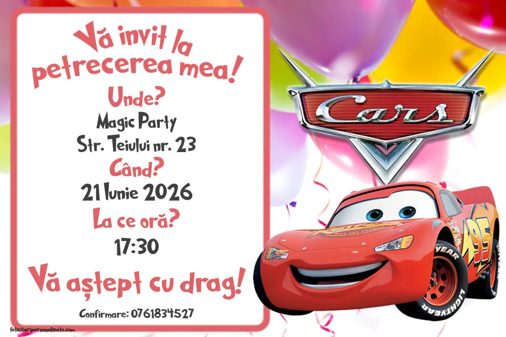 Exemplu completat: Invitație cu Cars