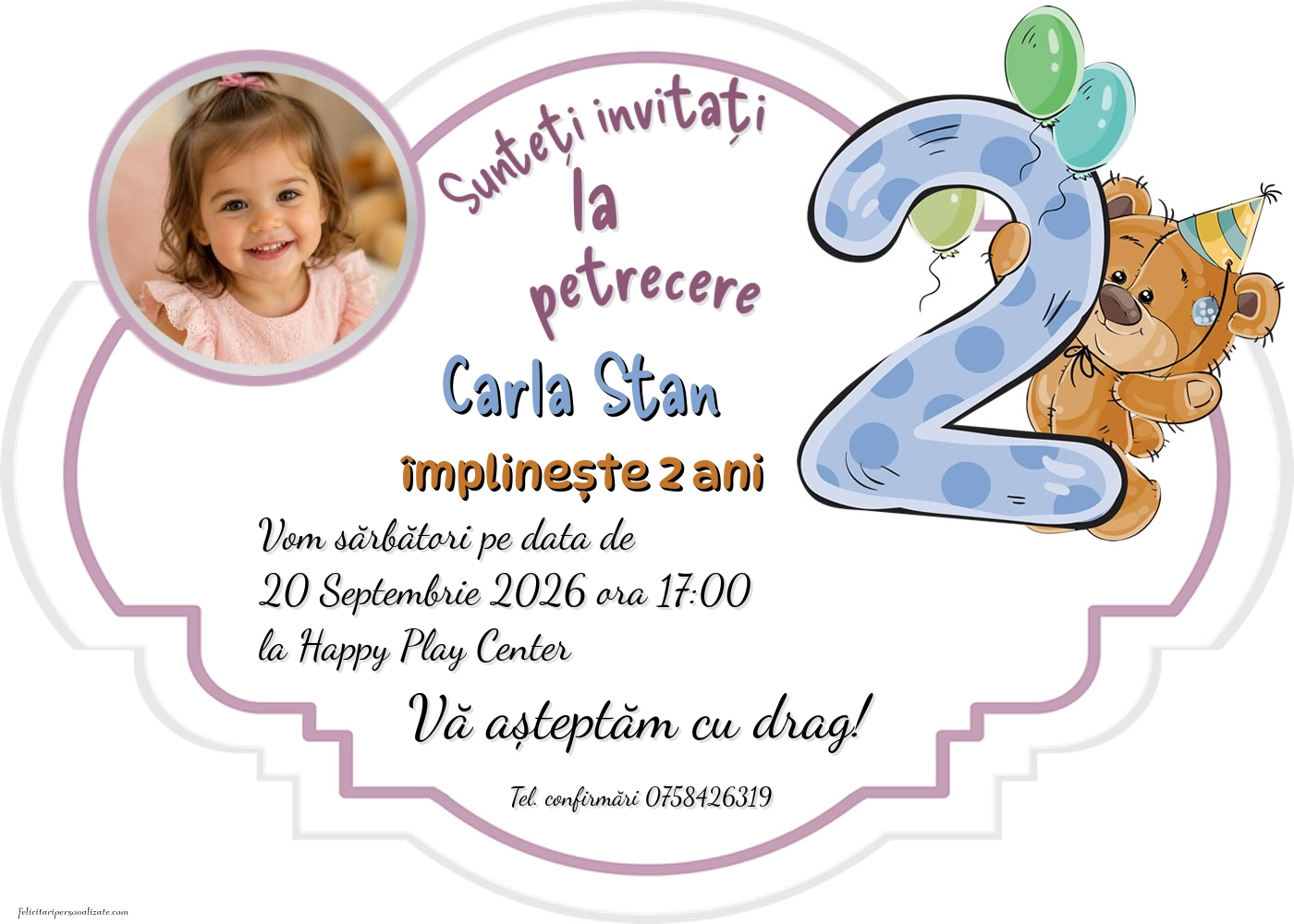 Exemplu completat: Invitație cu Teddy