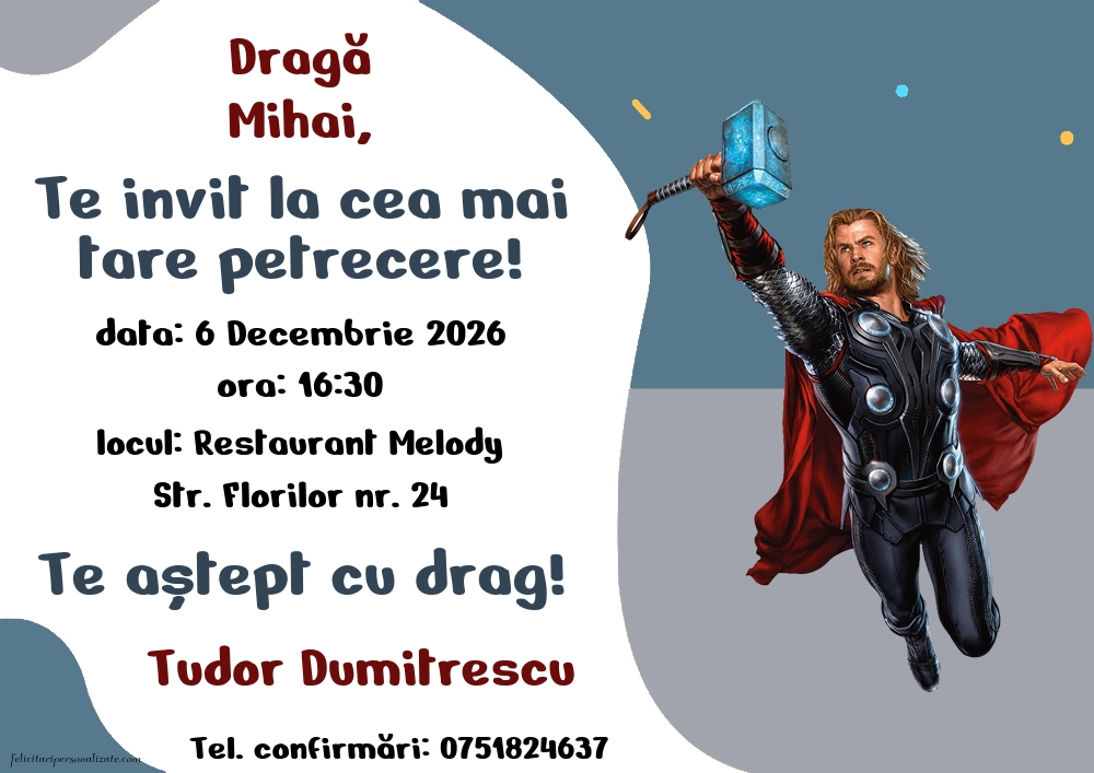 Exemplu completat: Invitație cu Thor