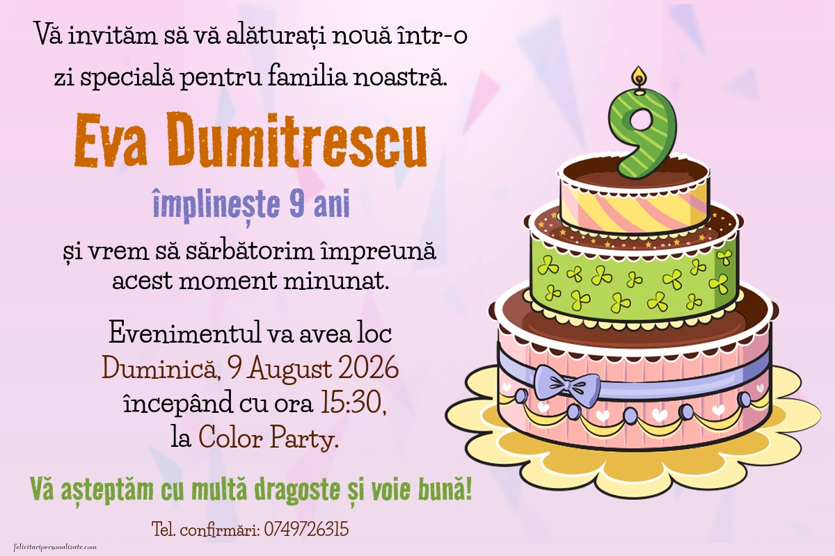 Exemplu completat: Invitație pentru 9 ani