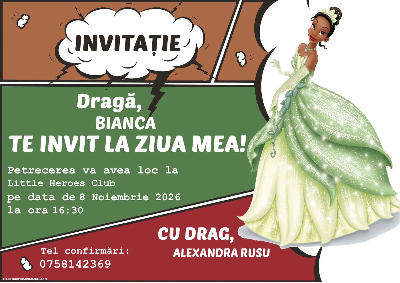 Exemplu completat: Invitație cu Tiana