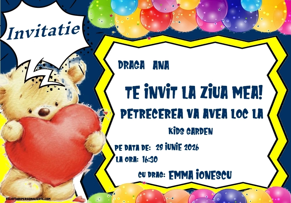 Exemplu completat: Invitație cu Teddy