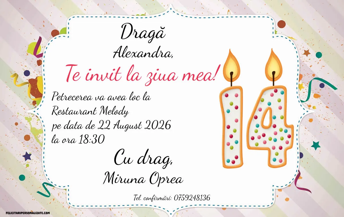 Exemplu completat: Invitație pentru 14 ani