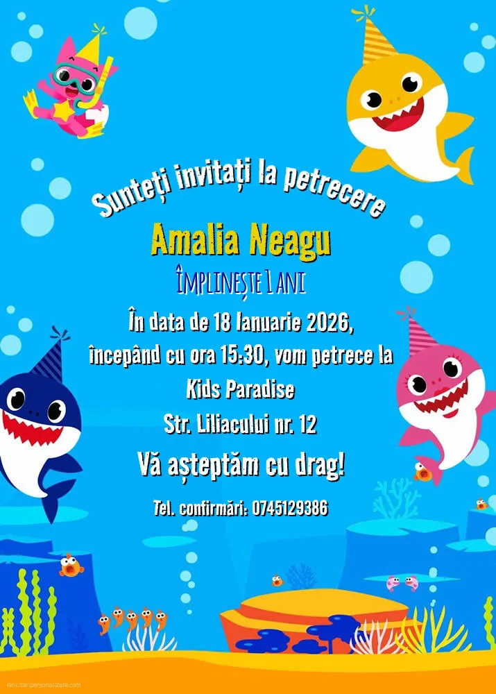 Exemplu completat: Invitație cu Baby Shark