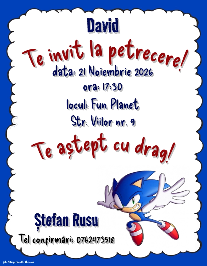 Exemplu completat: Invitație cu Ariciul Sonic
