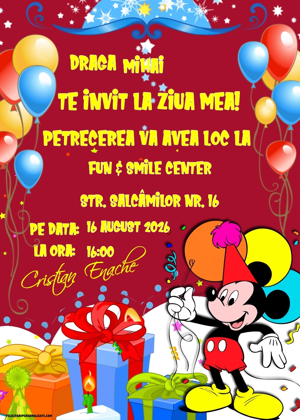 Exemplu completat: Invitație cu Mickey Mouse