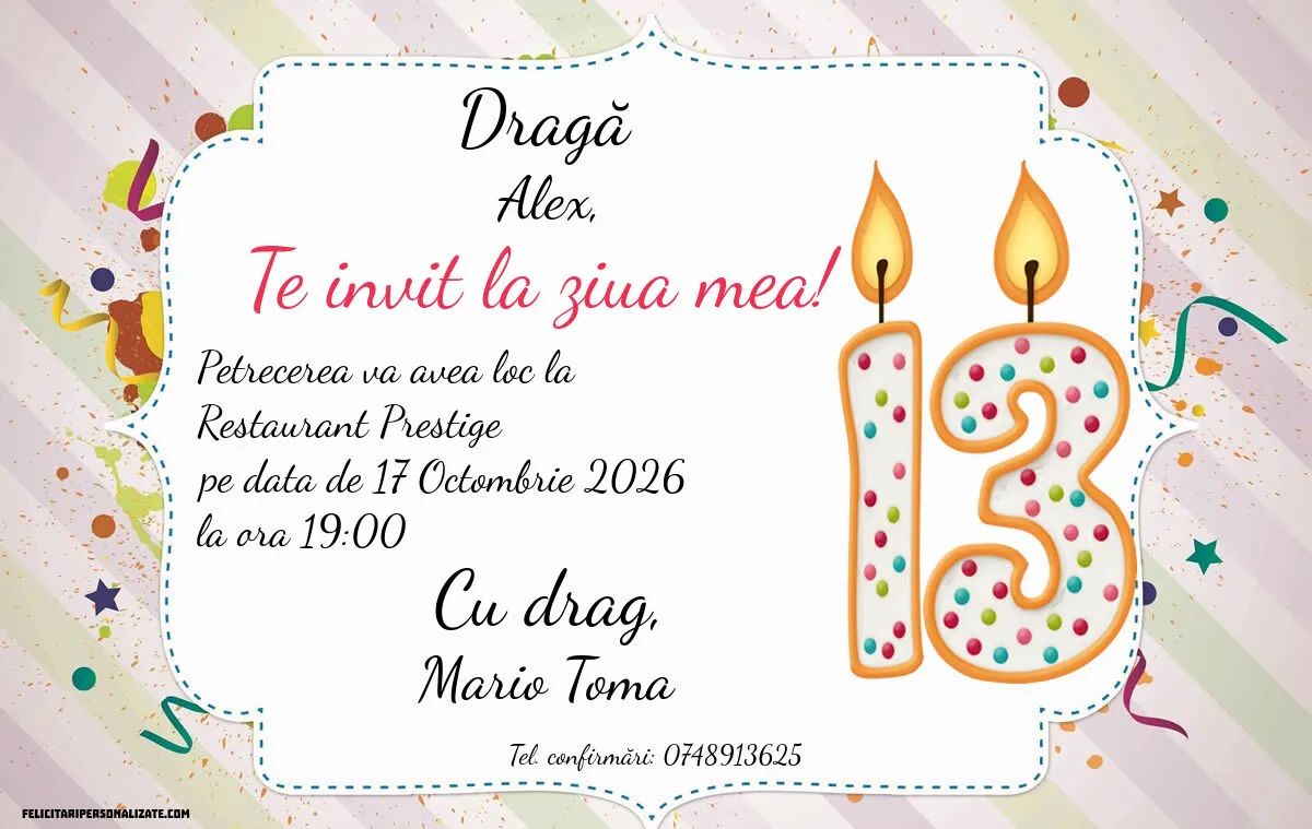 Exemplu completat: Invitație pentru 13 ani